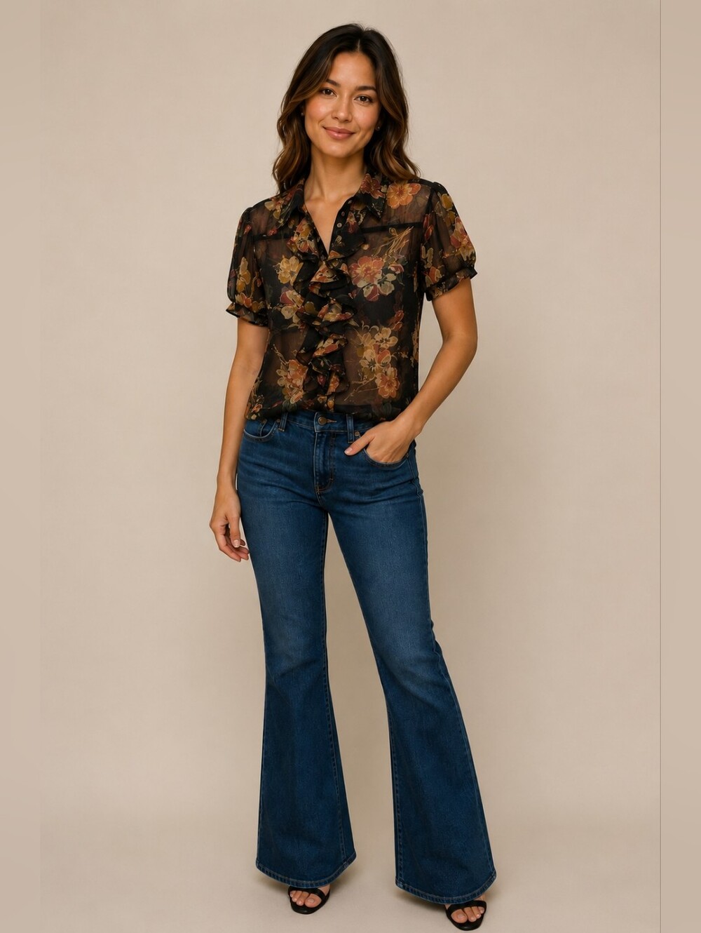 Ralph Lauren Sheer Ruffle Blouse Brown Floral Size Medium